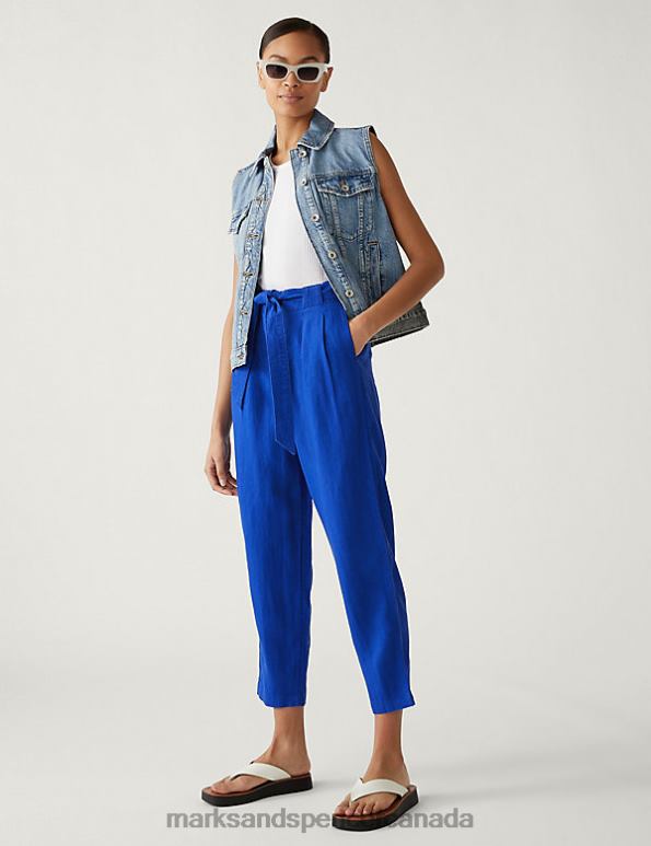 Women Electric Blue Clothing Marks & Spencer Pure Linen Belted Tapered Trousers 20VTD2655 - Marks and Spencer Canada locations