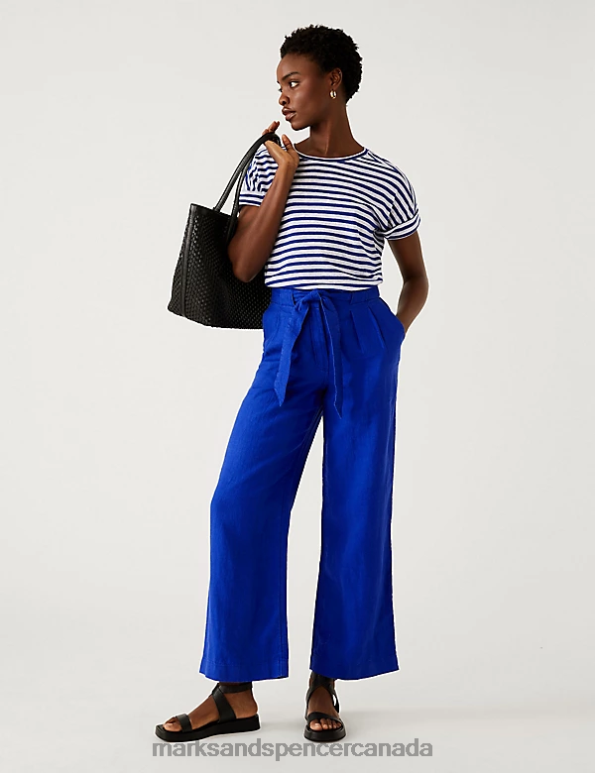 Marks and Spencer sale - Women Electric Blue Clothing Marks & Spencer Pure Linen Belted Wide Leg Trousers 20VTD827