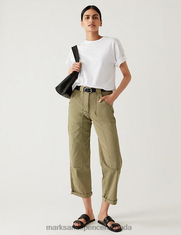 Women Faded Khaki Clothing Marks & Spencer Cotton Rich Relaxed Straight Trousers 20VTD2572 - Marks and Spencer online