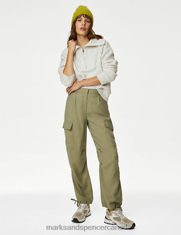 Women Faded Khaki Clothing Marks & Spencer Modal Rich Cargo Wide Leg Trousers 20VTD1460 - Marks and Spencer outlet