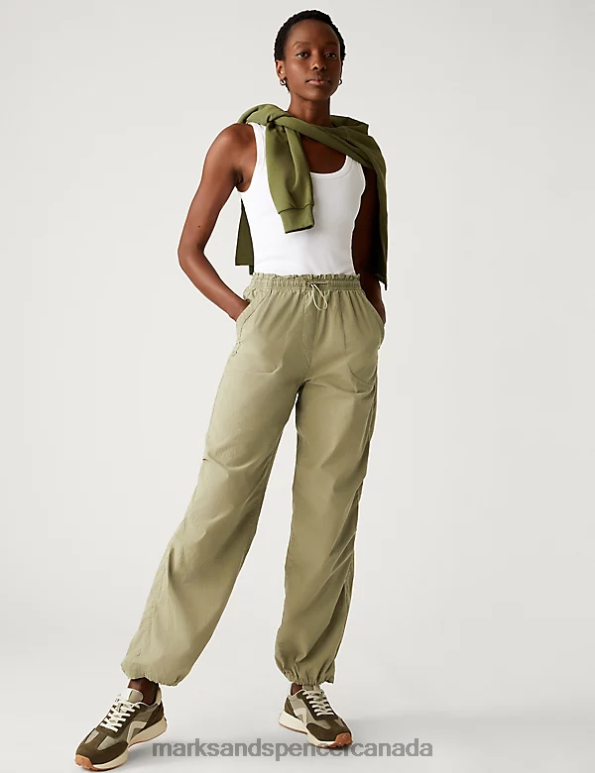 Women Faded Khaki Clothing Marks & Spencer Pure Cotton Cuffed Parachute Trousers 20VTD1621 - Marks and Spencer Canada locations