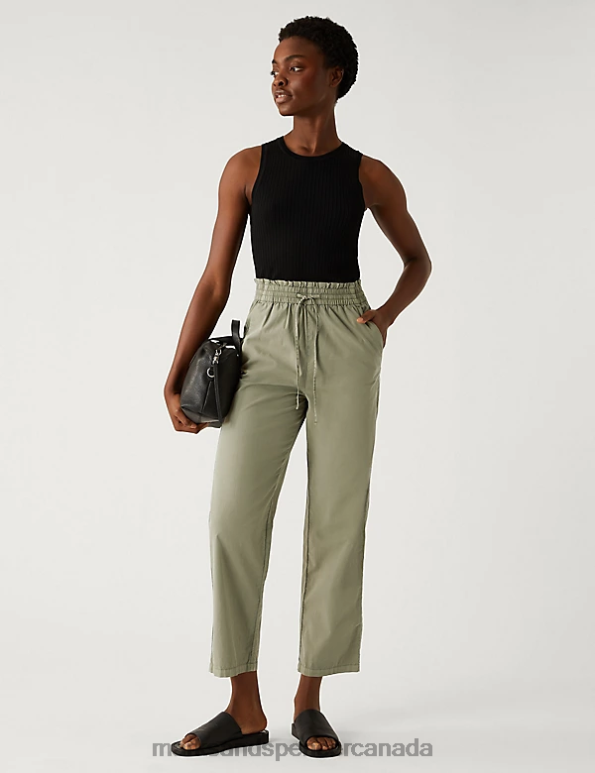 Women Faded Khaki Clothing Marks & Spencer Pure Cotton Elasticated Waist Trousers 20VTD2391 - Marks and Spencer Canada locations