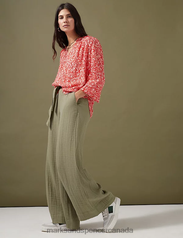 Marks and Spencer near me - Women Faded Khaki Clothing Marks & Spencer Pure Cotton Textured Wide Leg Trousers 20VTD2352