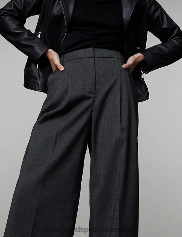 Women Grey Clothing Marks & Spencer Wool Blend Pleat Front Wide Leg Trousers 20VTD2443 - Marks and Spencer Canada locations