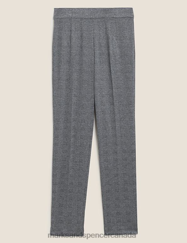 Women Grey Mix Clothing Marks & Spencer Jersey Checked Slim Fit Trousers 20VTD2699 - Marks and Spencer online