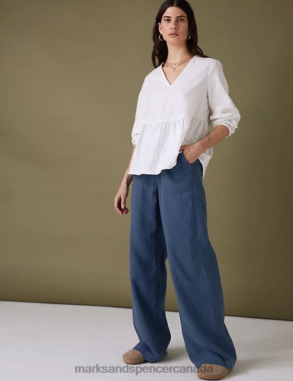 Marks and Spencer Canada - Women Indigo Clothing Marks & Spencer Linen Blend Drawstring Wide Leg Trousers 20VTD2921