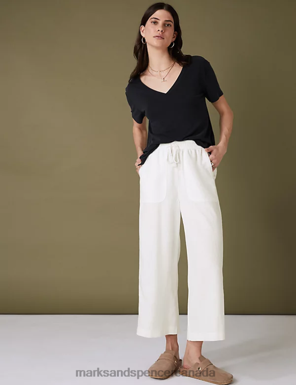 Women Ivory Clothing Marks & Spencer Linen Blend Wide Leg Cropped Trousers 20VTD2837 - Marks and Spencer Canada locations