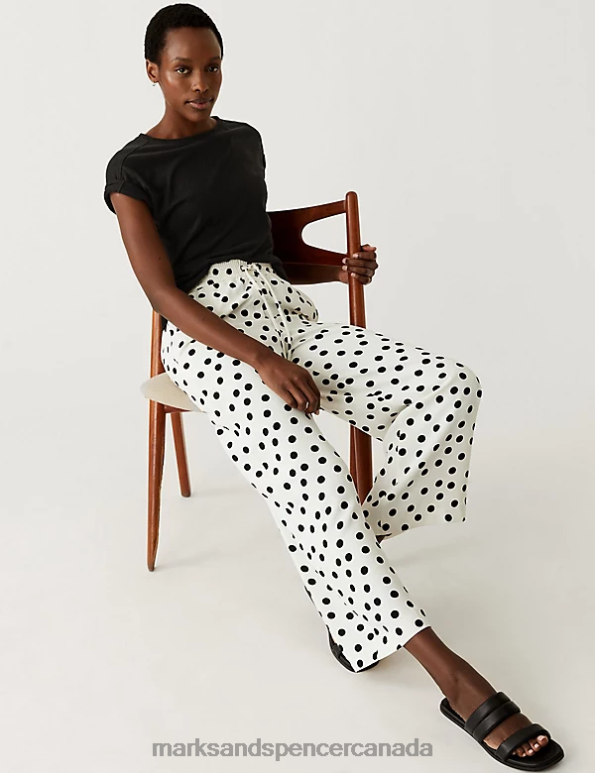 Women Ivory Mix Clothing Marks & Spencer Crepe Polka Dot Wide Leg Cropped Trousers 20VTD822 - Marks and Spencer Canada locations