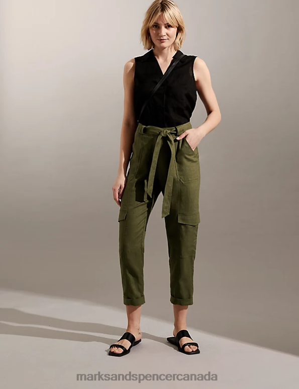 Women Khaki Clothing Marks & Spencer Pure Linen Cargo Belted Cropped Trousers 20VTD2323 - Marks and Spencer outlet