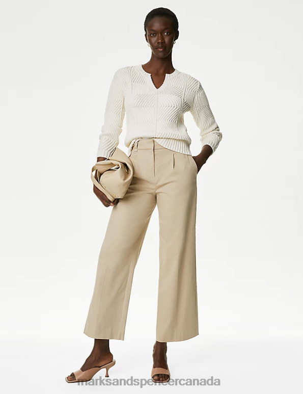 Marks and Spencer near me - Women Light Beige Clothing Marks & Spencer Cotton Rich Pleat Front Wide Leg Chinos 20VTD574