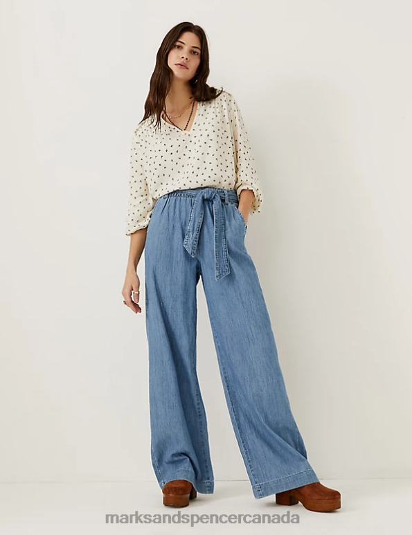 Marks and Spencer near me - Women Light Indigo Clothing Marks & Spencer Denim Belted Wide Leg Trousers 20VTD2951