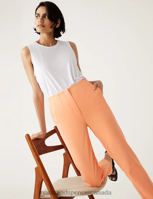 Women Light Orange Clothing Marks & Spencer Cotton Blend Slim Fit Ankle Grazer Trousers 20VTD2427 - Marks and Spencer online