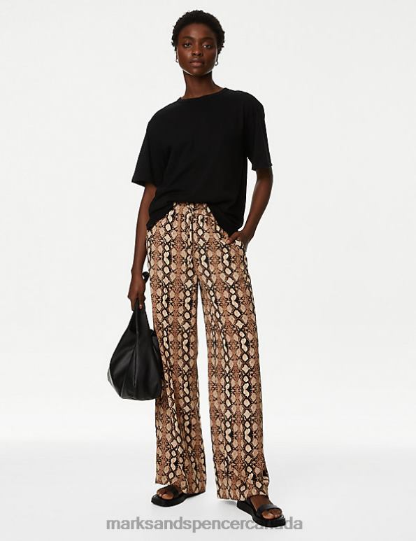 Women Medium Brown Clothing Marks & Spencer Snake Print Drawstring Wide Leg Trousers 20VTD1761 - Marks and Spencer online