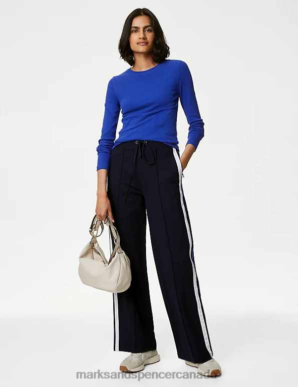 Marks and Spencer sale - Women Midnight Navy Clothing Marks & Spencer Jersey Side Stripe Wide Leg Trousers 20VTD1072