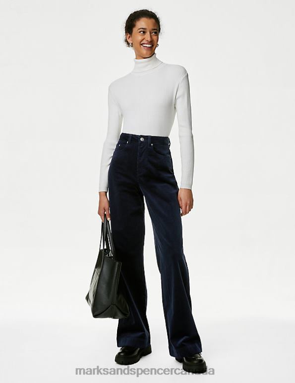 Women Navy Clothing Marks & Spencer Cotton Rich Cord Wide Leg Trousers 20VTD2913 - Marks and Spencer online