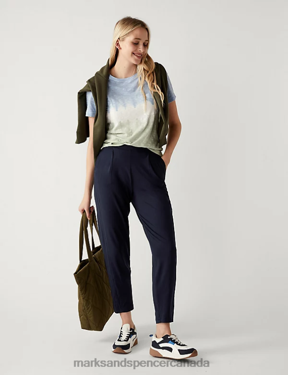 Women Navy Clothing Marks & Spencer Jersey Tapered Ankle Grazer Trousers 20VTD925 - Marks and Spencer outlet