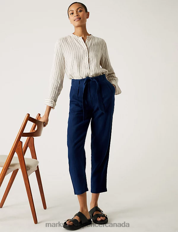 Women Navy Clothing Marks & Spencer Pure Linen Belted Tapered Trousers 20VTD2654 - Marks and Spencer online