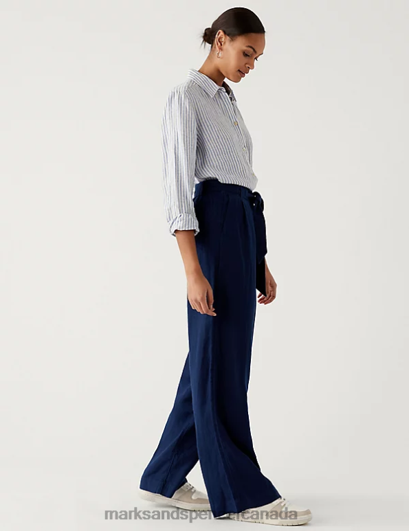 Marks and Spencer Canada - Women Navy Clothing Marks & Spencer Pure Linen Belted Wide Leg Trousers 20VTD825