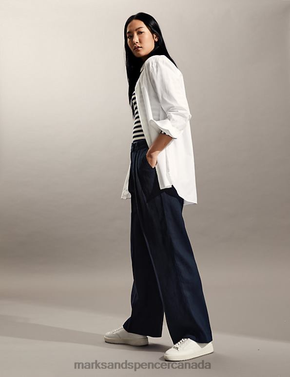 Marks and Spencer Canada - Women Navy Clothing Marks & Spencer Pure Linen Wide Leg Trousers 20VTD709