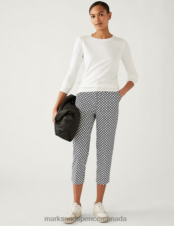 Marks and Spencer Canada - Women Navy Mix Clothing Marks & Spencer Cotton Rich Geometric Slim Fit Trousers 20VTD3128