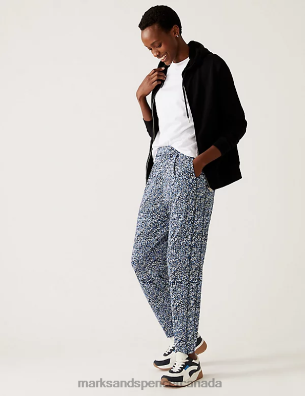 Marks and Spencer sale - Women Navy Mix Clothing Marks & Spencer Jersey Printed Tapered Trousers 20VTD2298