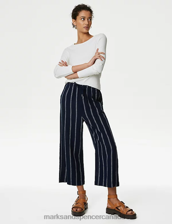 Marks and Spencer near me - Women Navy Mix Clothing Marks & Spencer Linen Rich Wide Cropped Leg Trousers 20VTD2043