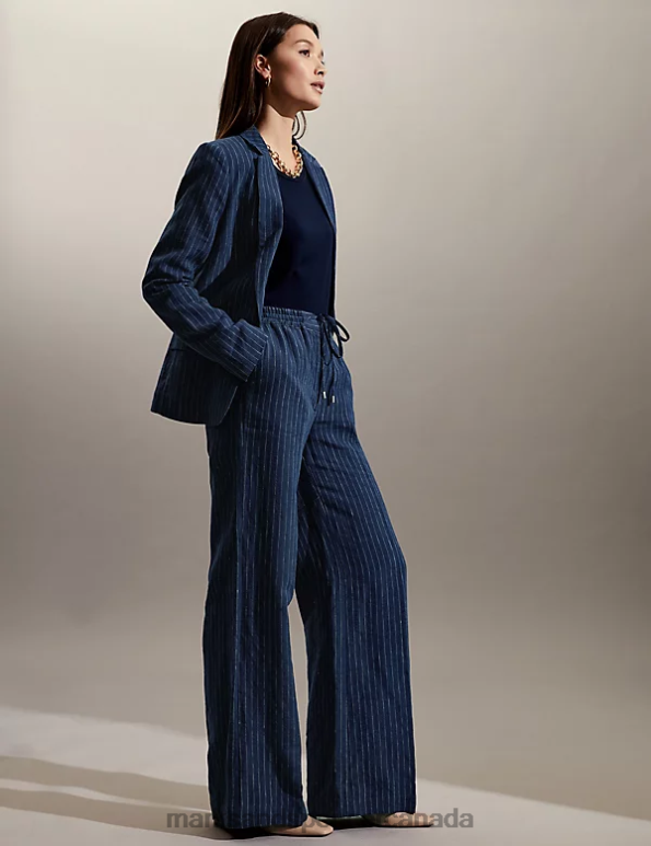 Marks and Spencer Canada - Women Navy/White Clothing Marks & Spencer Pure Linen Pinstripe Trousers 20VTD1313