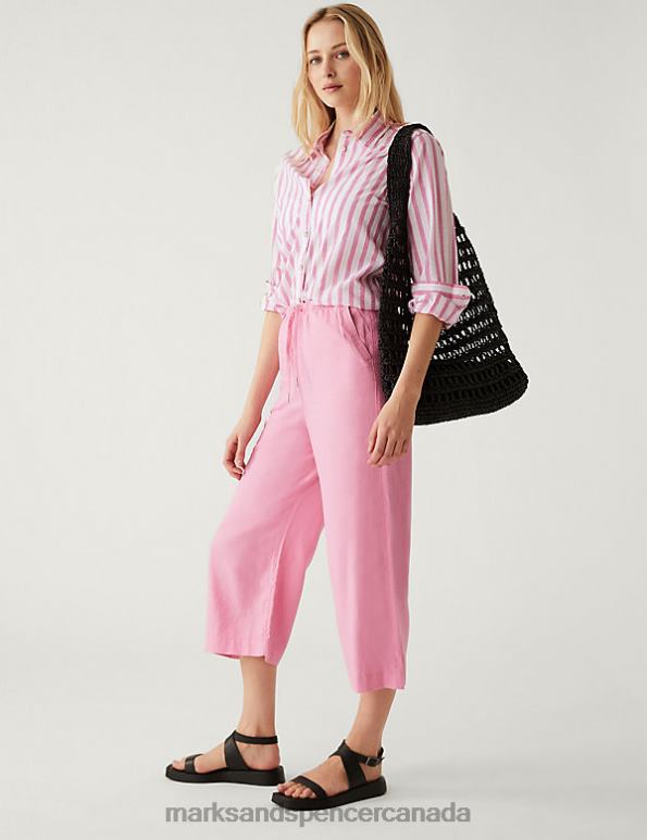 Women Pink Clothing Marks & Spencer Linen Rich Wide Cropped Leg Trousers 20VTD2040 - Marks and Spencer Canada locations