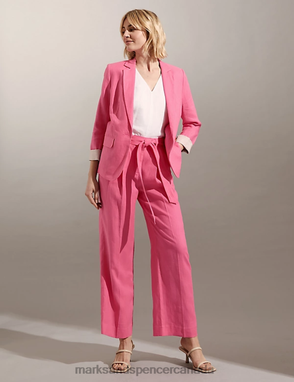 Women Pink Clothing Marks & Spencer Pure Linen Wide Leg Trousers 20VTD1104 - Marks and Spencer Canada locations