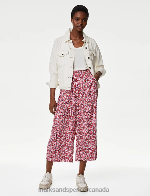 Women Pink Mix Clothing Marks & Spencer Printed Wide Leg Cropped Trousers 20VTD2744 - Marks and Spencer Canada locations