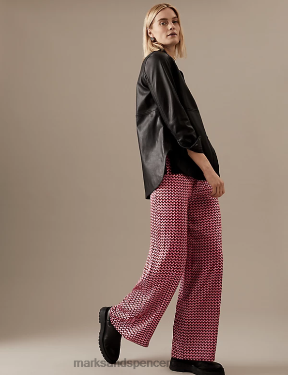 Women Pink Mix Clothing Marks & Spencer Pure Silk Printed Wide Leg Trousers 20VTD1698 - Marks and Spencer Canada locations