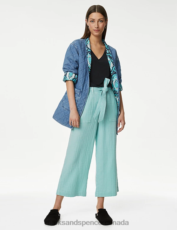 Women Sea Green Clothing Marks & Spencer Pure Cotton Wide Leg Cropped Trousers 20VTD2971 - Marks and Spencer online