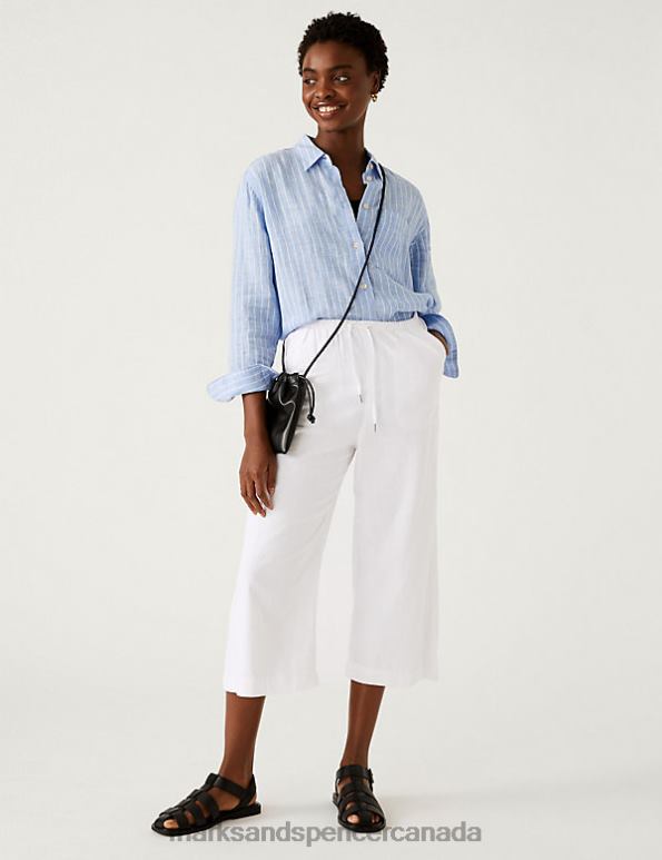 Marks and Spencer Canada - Women Soft White Clothing Marks & Spencer Linen Rich Wide Cropped Leg Trousers 20VTD2042