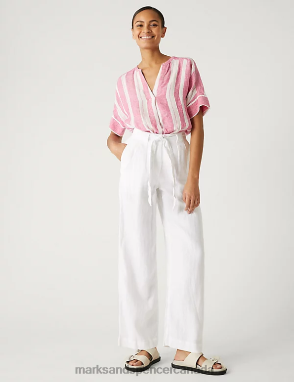 Marks and Spencer near me - Women Soft White Clothing Marks & Spencer Pure Linen Belted Wide Leg Trousers 20VTD826