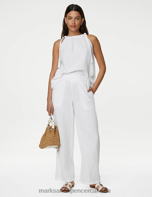 Marks and Spencer Canada - Women White Clothing Marks & Spencer Pure Cotton Wide Leg Trousers 20VTD1973