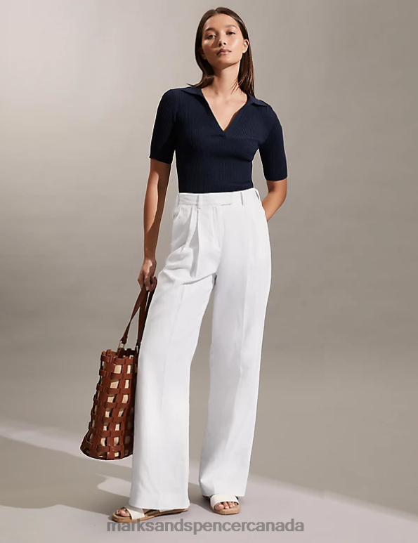 Women White Clothing Marks & Spencer Pure Linen Wide Leg Trousers 20VTD1506 - Marks and Spencer online