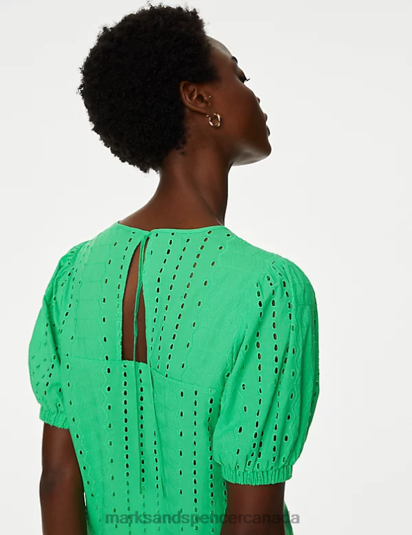 Marks and Spencer near me - Women Acid Green Clothing Marks & Spencer Pure Cotton Broderie Puff Sleeve Blouse 20VTD635