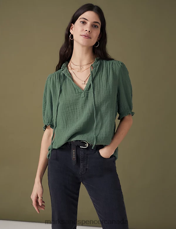 Women Antique Green Clothing Marks & Spencer Pure Cotton Textured Notch Neck Blouse 20VTD2130 - Marks and Spencer outlet