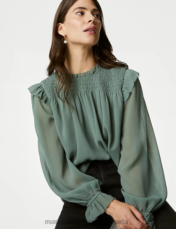 Marks and Spencer Canada - Women Antique Green Clothing Marks & Spencer Shirred High Neck Frill Detail Blouse 20VTD1141