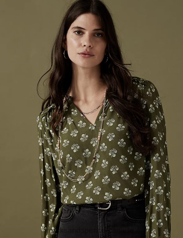 Marks and Spencer near me - Women Aqua Clothing Marks & Spencer Floral Notch Neck Popover Blouse 20VTD2556