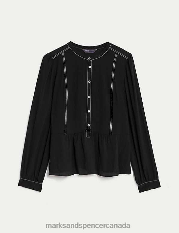 Women Black Clothing Marks & Spencer Crew Neck Button Detail Peplum Blouse 20VTD2142 - Marks and Spencer online