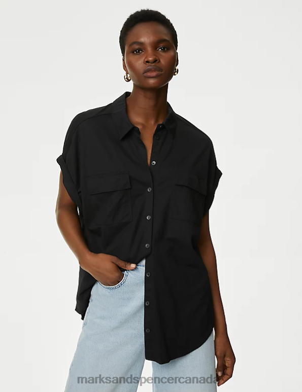 Women Black Clothing Marks & Spencer Jersey Collared Shirt 20VTD2647 - Marks and Spencer Canada locations