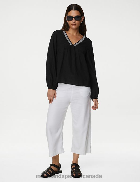 Marks and Spencer Canada - Women Black Clothing Marks & Spencer Linen Blend V-Neck Blouse 20VTD403