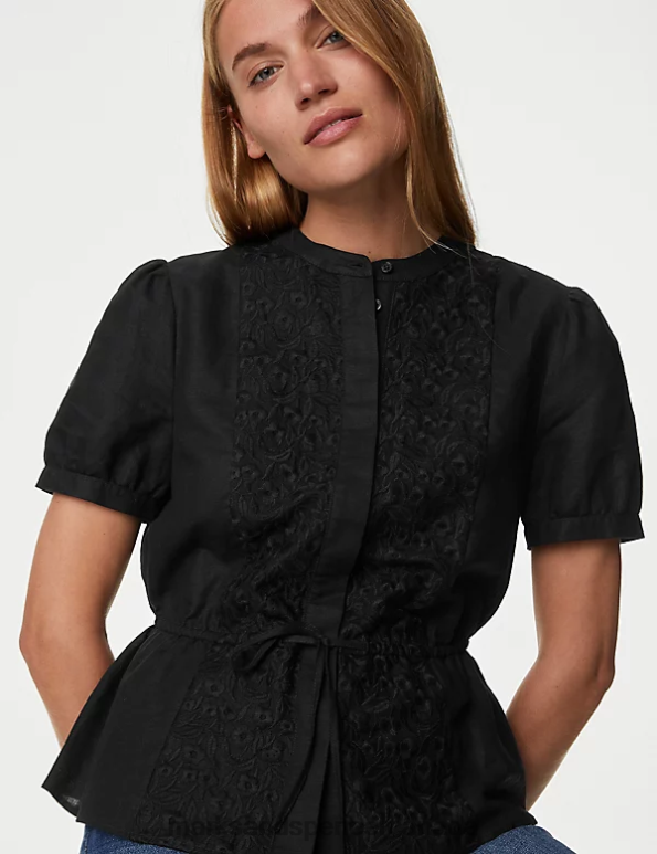 Women Black Clothing Marks & Spencer Linen Rich Embroidered High Neck Blouse 20VTD42 - Marks and Spencer Canada locations