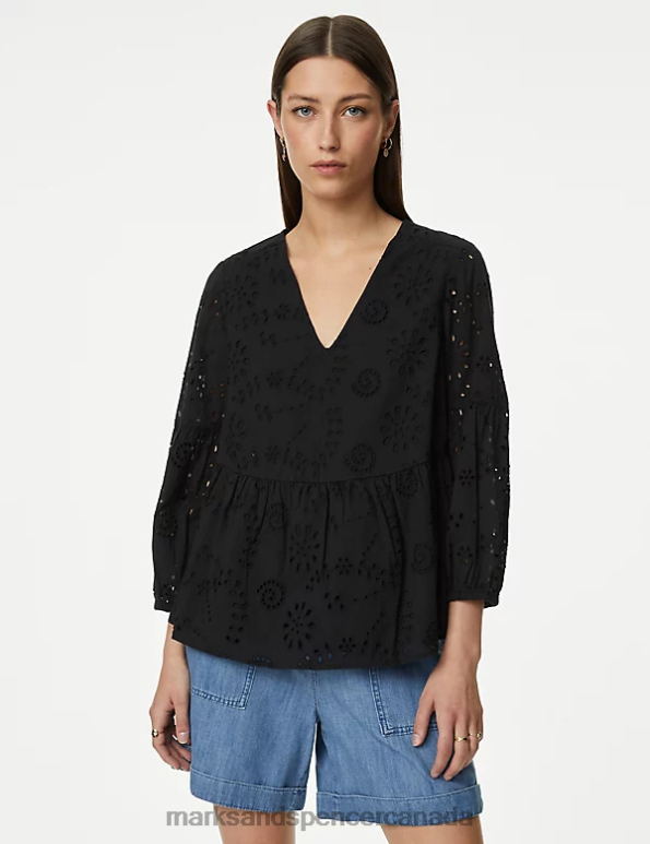 Women Black Clothing Marks & Spencer Pure Cotton Broderie V-Neck Blouse 20VTD396 - Marks and Spencer online