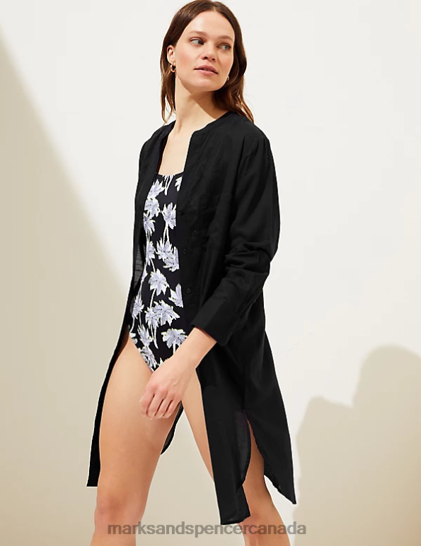 Women Black Clothing Marks & Spencer Pure Cotton Collarless Beach Cover Up Shirt 20VTD1137 - Marks and Spencer online