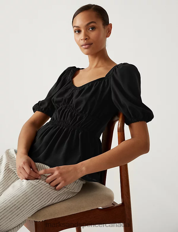 Marks and Spencer sale - Women Black Clothing Marks & Spencer Waisted Puff Sleeve Blouse 20VTD2789