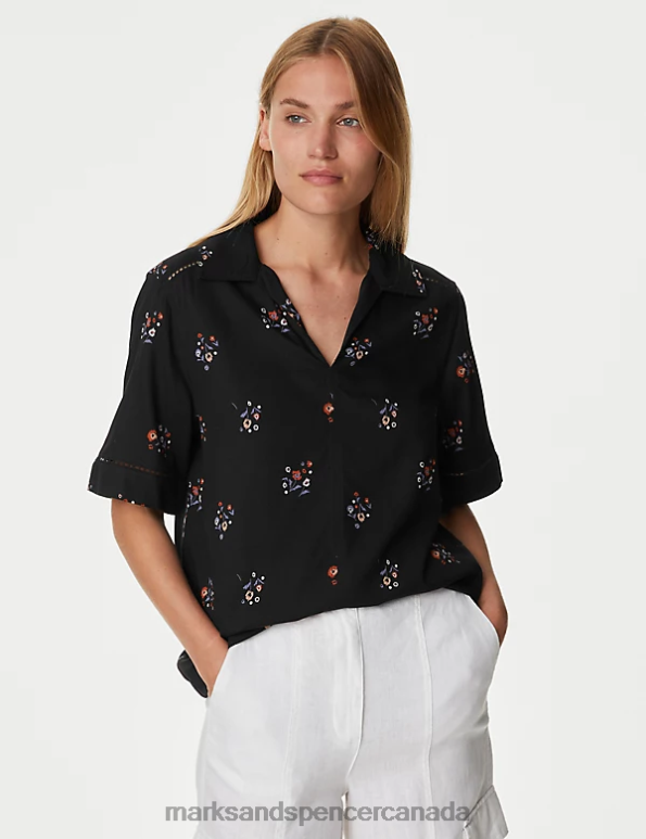 Marks and Spencer Canada - Women Black Mix Clothing Marks & Spencer Floral Collared Blouse 20VTD536