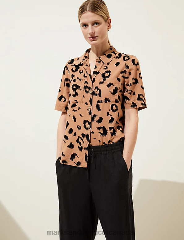 Women Black Mix Clothing Marks & Spencer Linen Rich Animal Print Collared Shirt 20VTD1683 - Marks and Spencer Canada locations