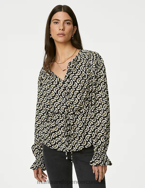 Women Black Mix Clothing Marks & Spencer Printed Shirred Tie Neck Blouse 20VTD1007 - Marks and Spencer online